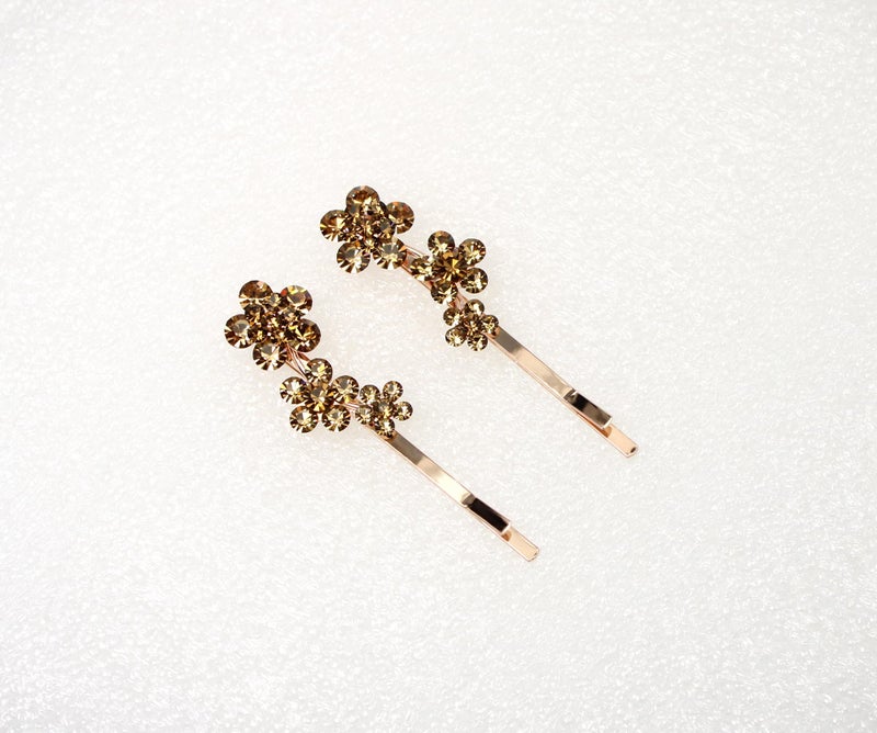 Faship A Pair Of Chocolate Brown Rhinestone Crystal Floral Hair Clip Pins 2 Pcs - Image 3